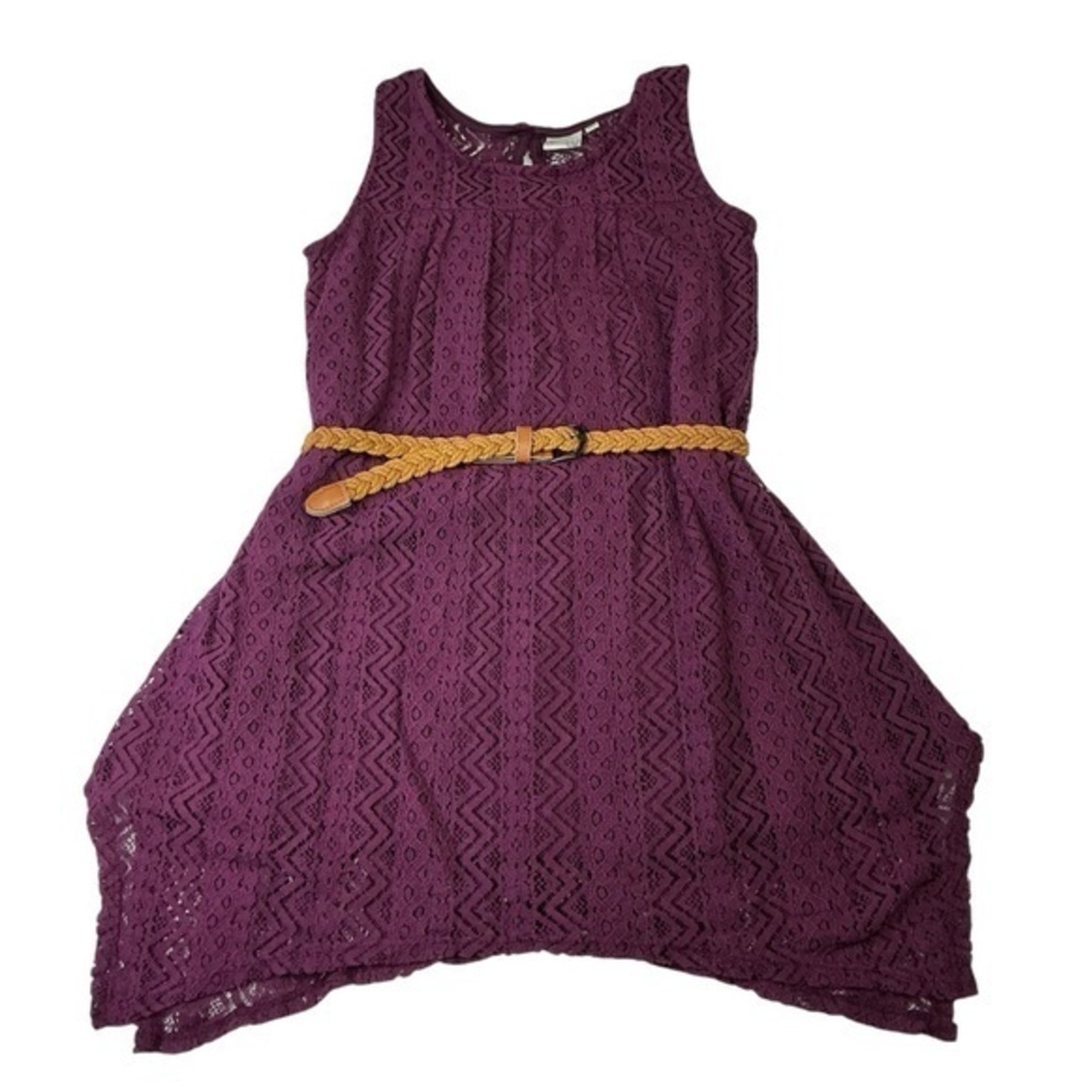 Mudd Girls Casual Purple Dress Lace Overlay Hanky Hem with Braided Tan Belt Sz M